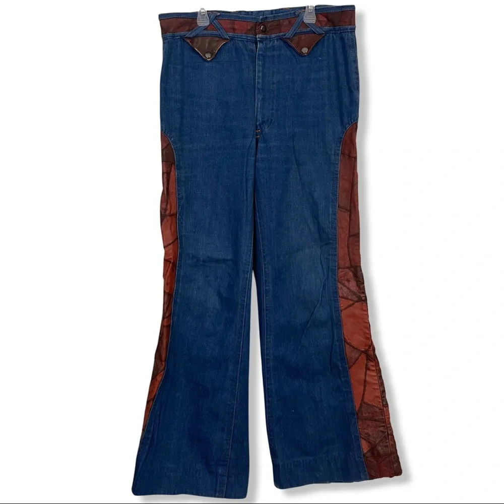 RARE VTG 1970’s OUI Wide Leg Leather
Patchwork Panel Bell Bottom Jeans 34/14 - Picture 2 of 9